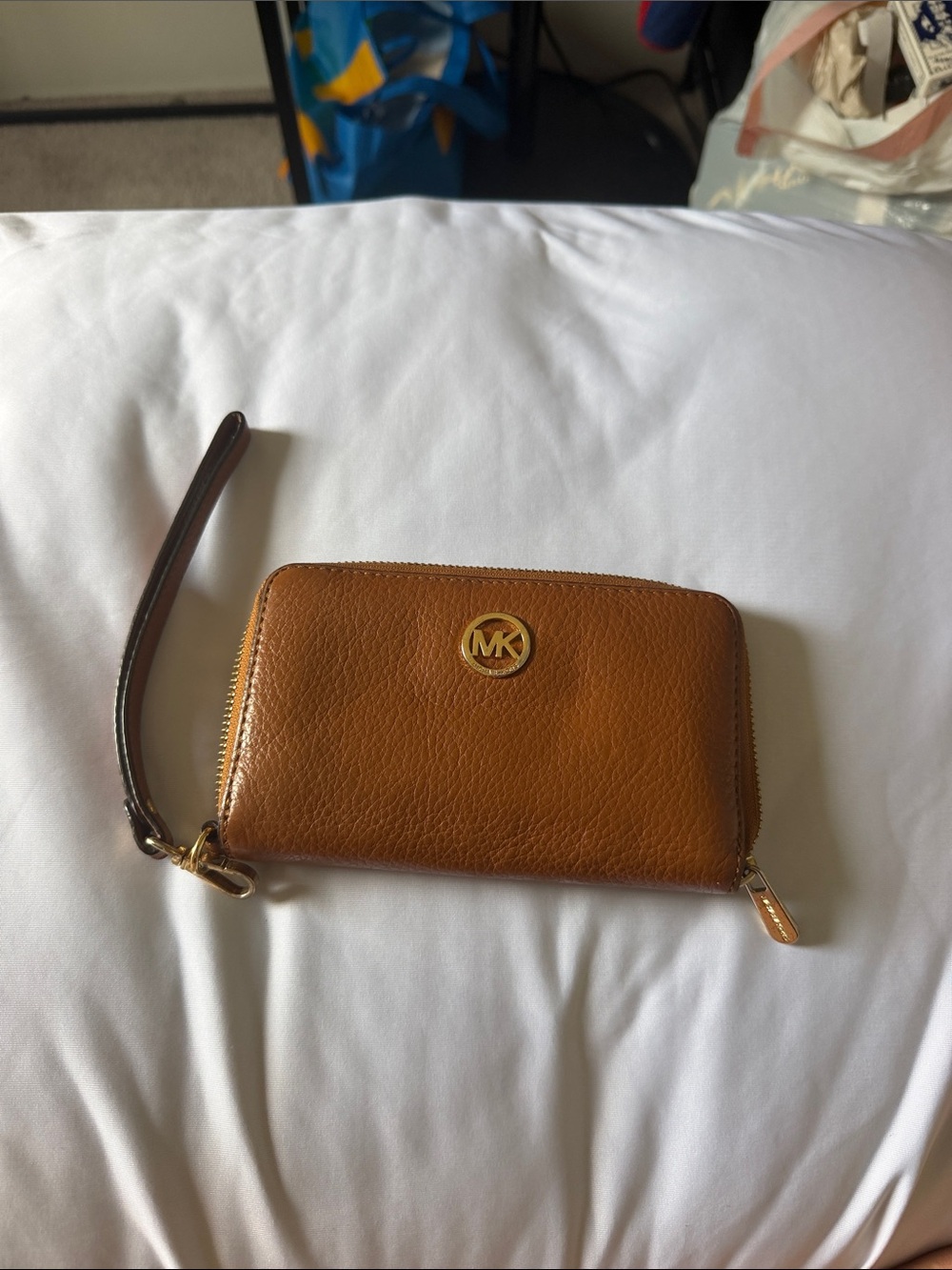 Michael Kors Cognac Brown Leather Wristlet Card Holder with Gold MK Logo
